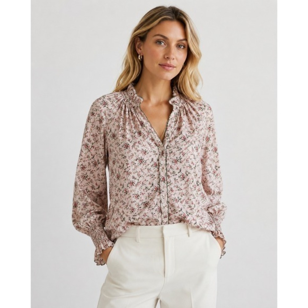 Baybala Harper Too Ditzy Floral Cotton Ruffle Neck Smocked Cuff Blouse XS